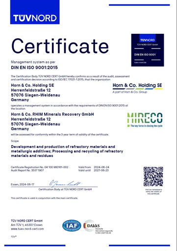 DIN EN ISO 9001:2015 - Horn & Co. RHIM Minerals Recovery GmbH