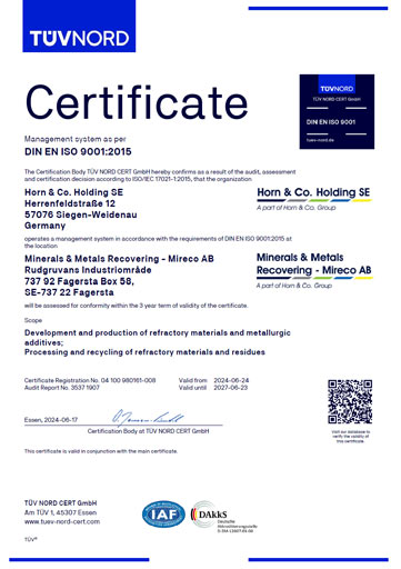 DIN EN ISO 9001:2015 - Minerals & Metals Recovery - Mireco AB